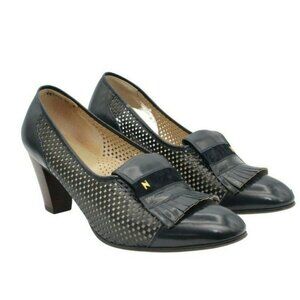 Vintage 70s Novus Navy Blue Leather Perforated Kiltie Pump Size US 6.5 EUR 37